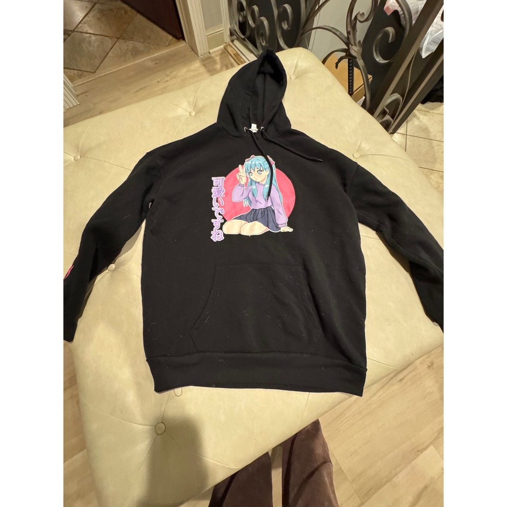 Orange Kiss Anime Girl Graphic Hoodie Black Japanese Text Sweatshirt Small